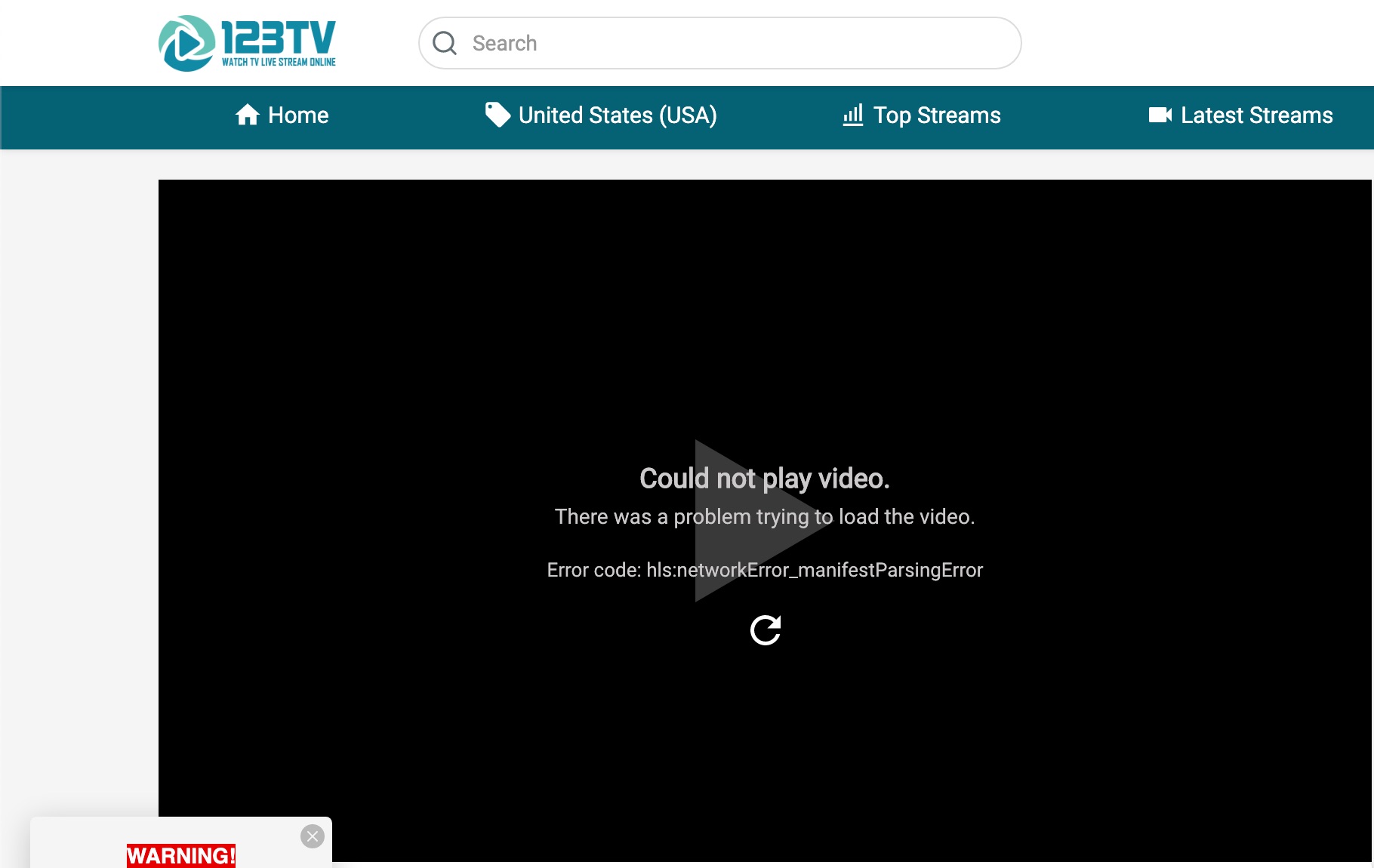 123Tv.LIve Cloud Not Play Video, There was a Problem Trying to Load the Video