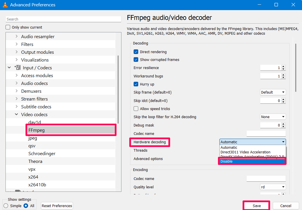 Click on Hardwate Decoding option and choose Disable