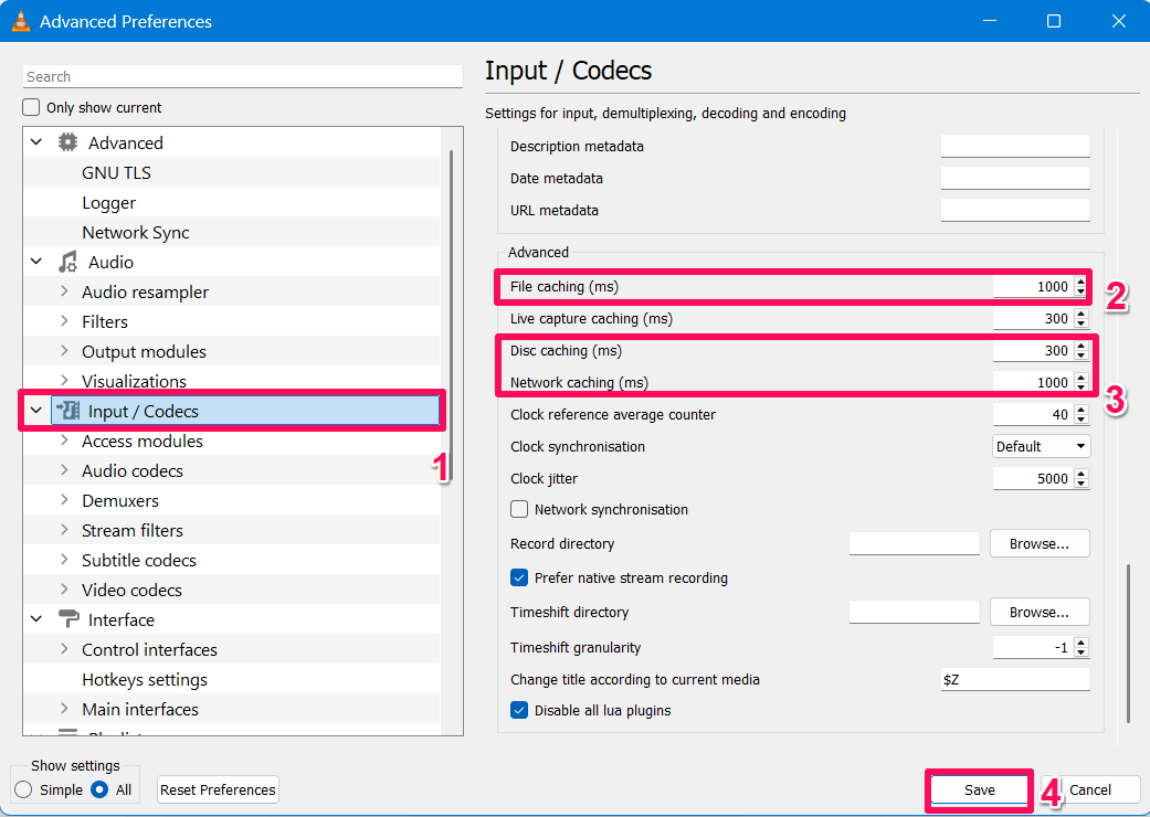 Select Input/ Codecs and change the value in Advanced option