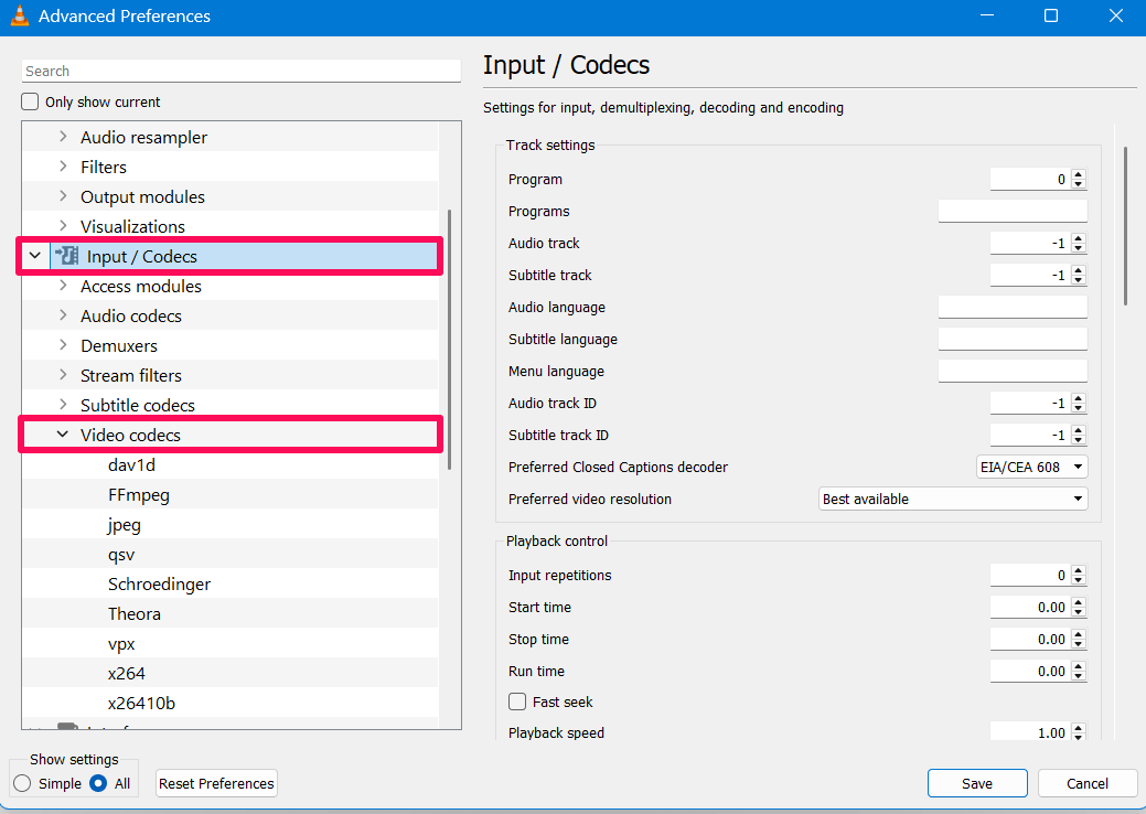 Expand the Input / Codecs and then expand Video codecs option