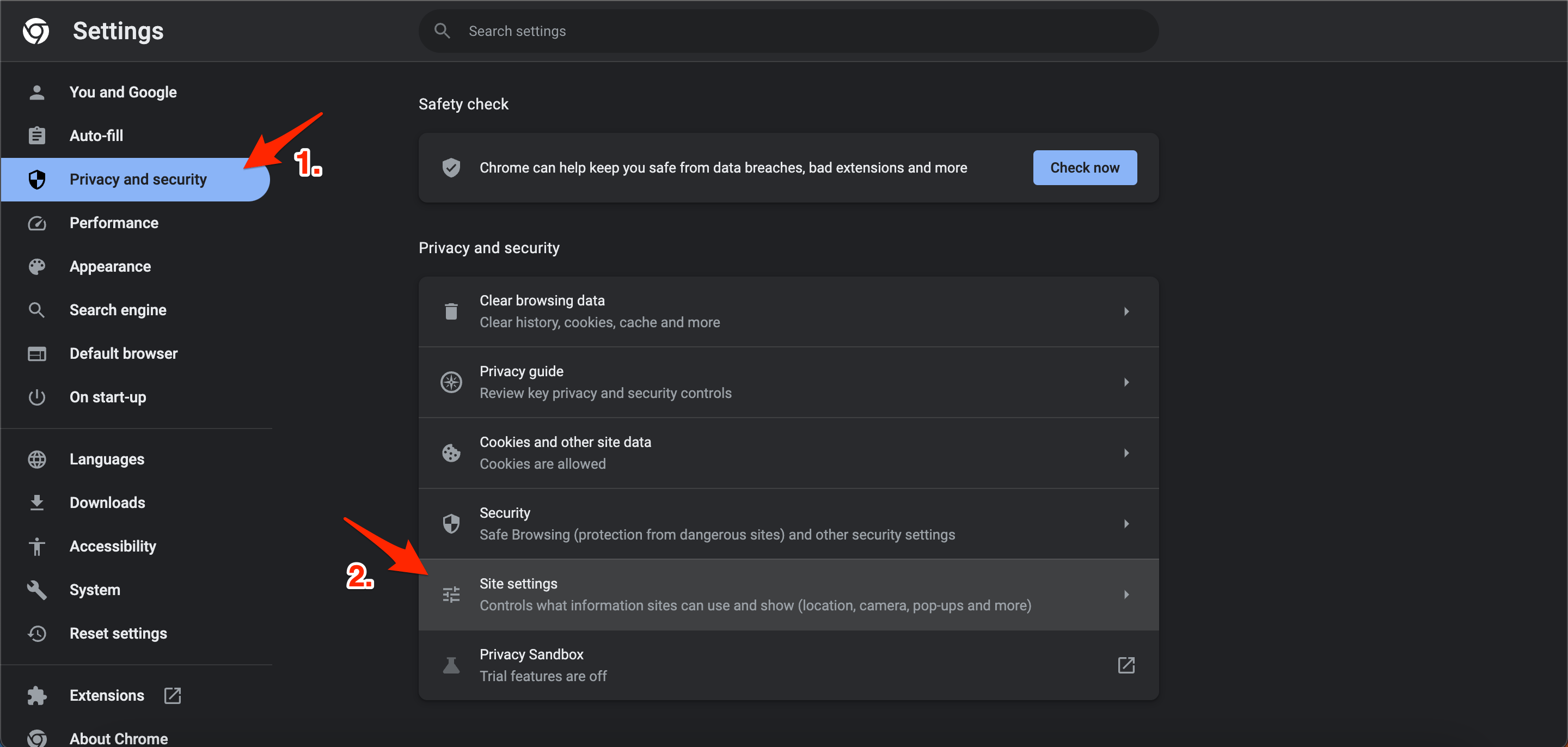 Click on Privacy and Security from the left sidebar and click on Site Settings