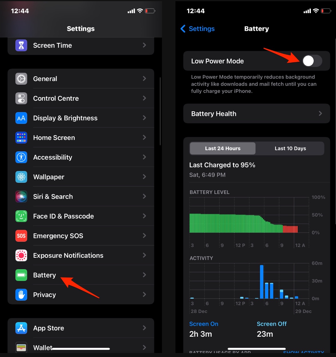 Open Settings → Click on Battery → Turn Off Low Battery Mode Toggle. 