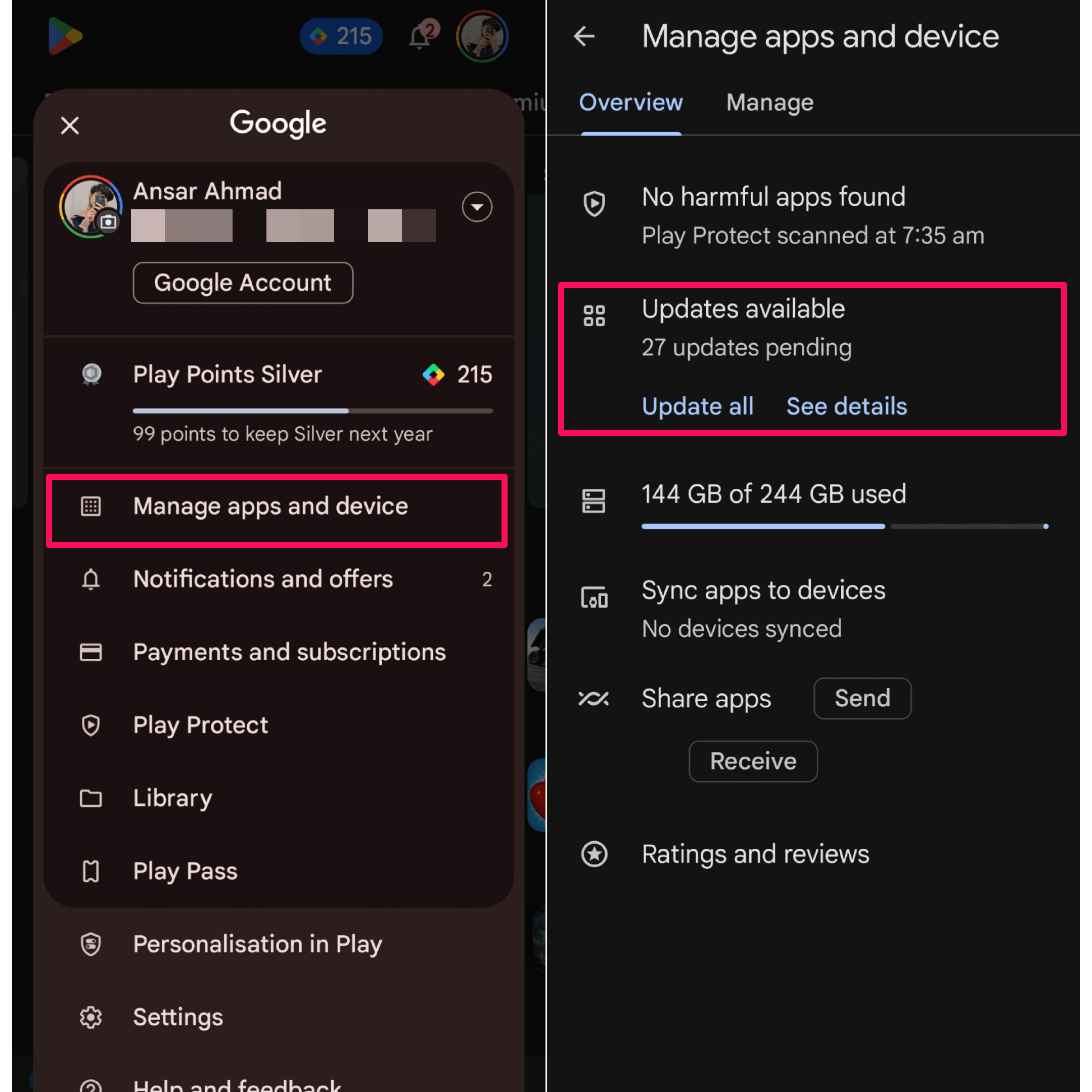 Tap on Manage apps and device and select Updates available 