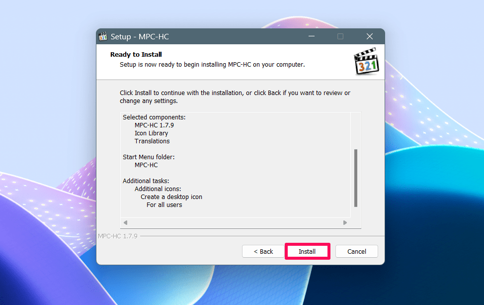 Click on the Install button to install MPC-HC media player