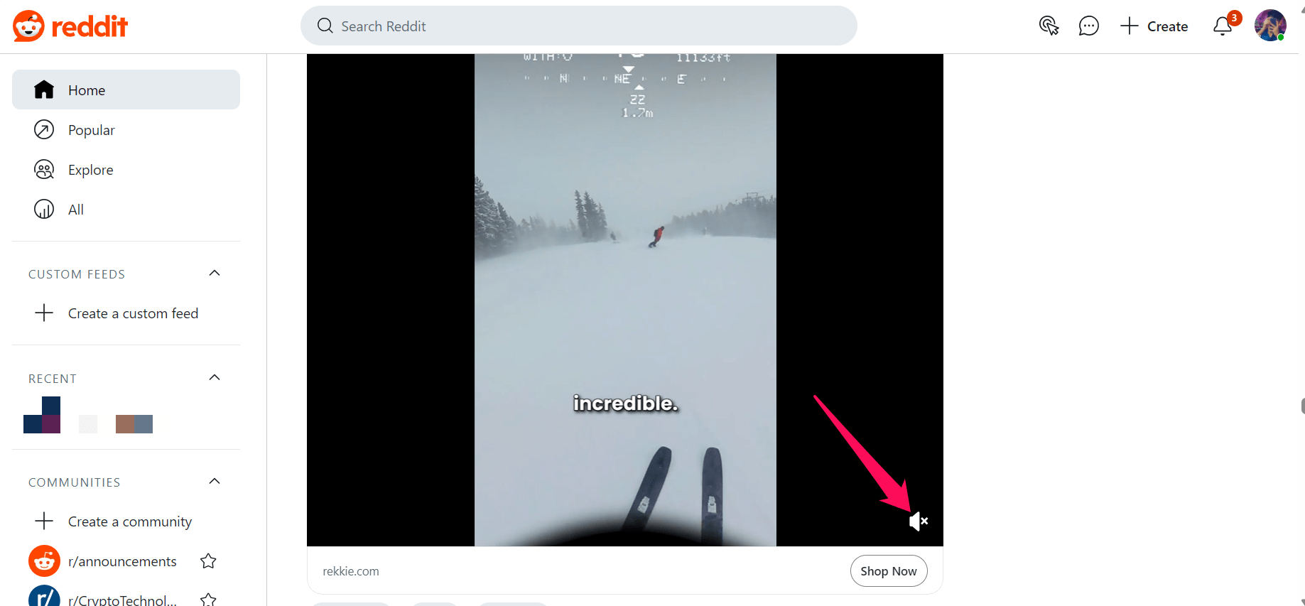 Click on the Mute icon to unmute the Reddit video