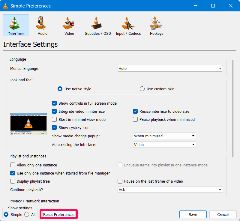 Click on Reset preferences option