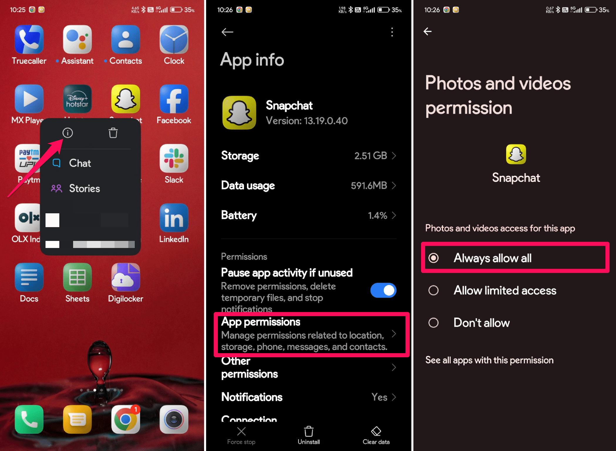 Enable the Snapchat App permissions from the App Info
