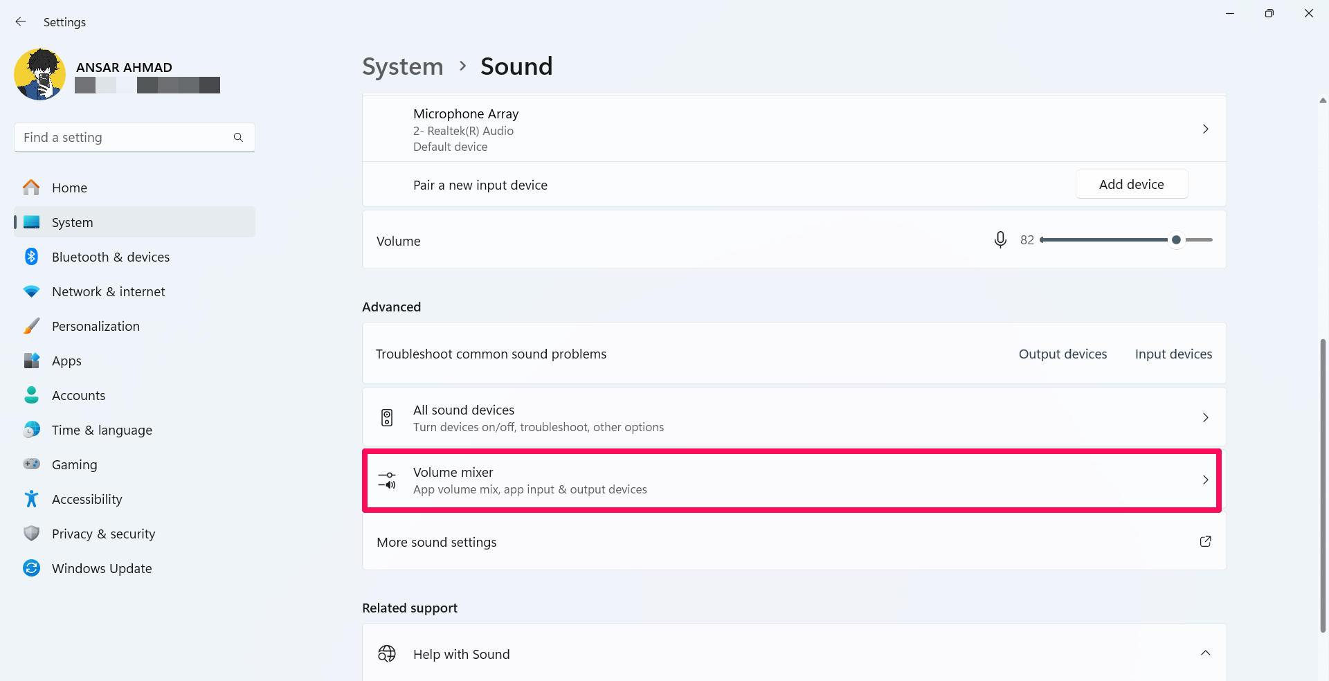 Click on Volume Mixer in the Additional option