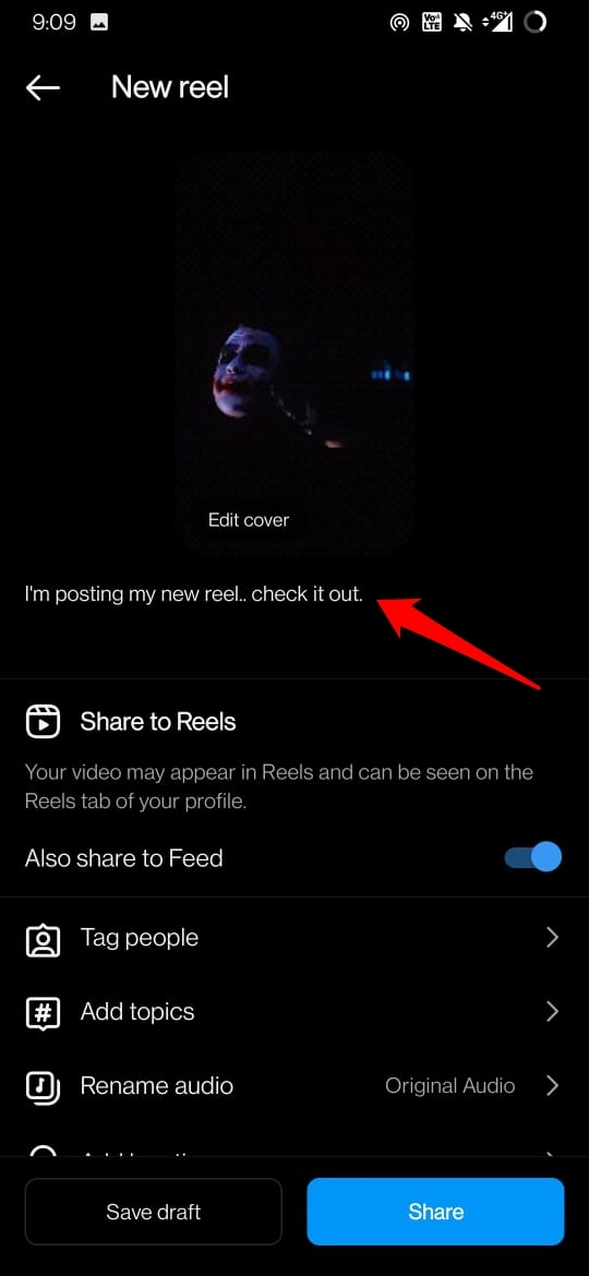 copy the caption text for Instagram reels from Notes app