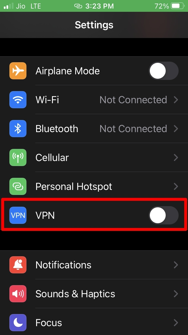 disable VPN app on iPhone