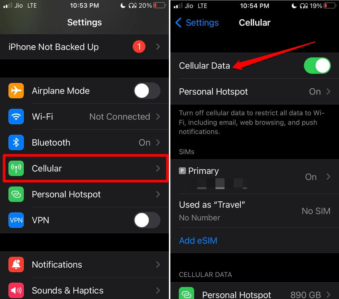 enable cellular data on iPhone