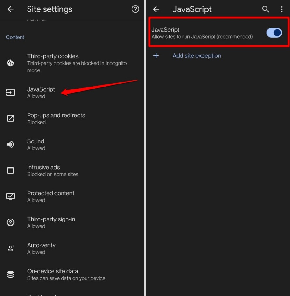 enable javascript on Chrome android