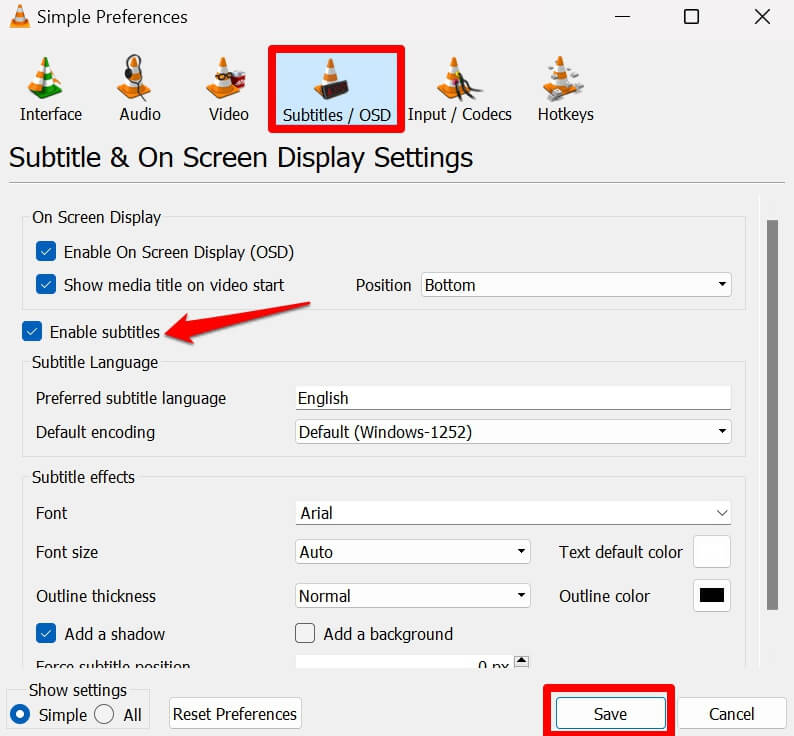 enable subtitles on VLC