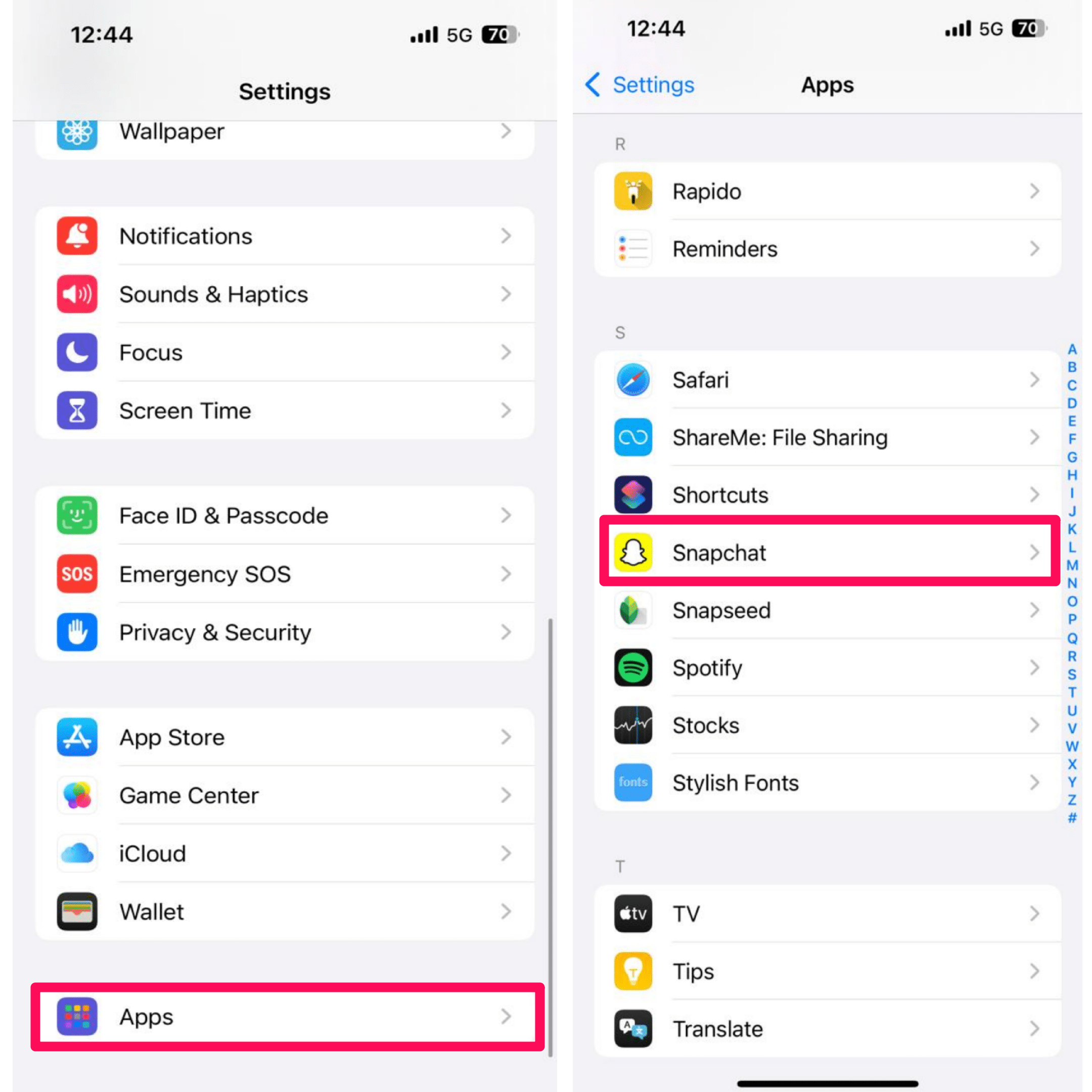 Tap on Apps and select Snapchat app