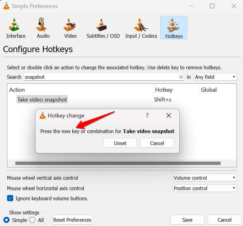set new hotkeys for capturing screenshot on VLC