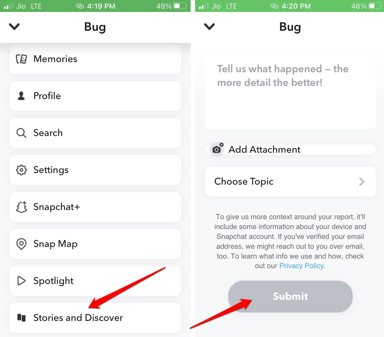 submit a bug report on Snapchat