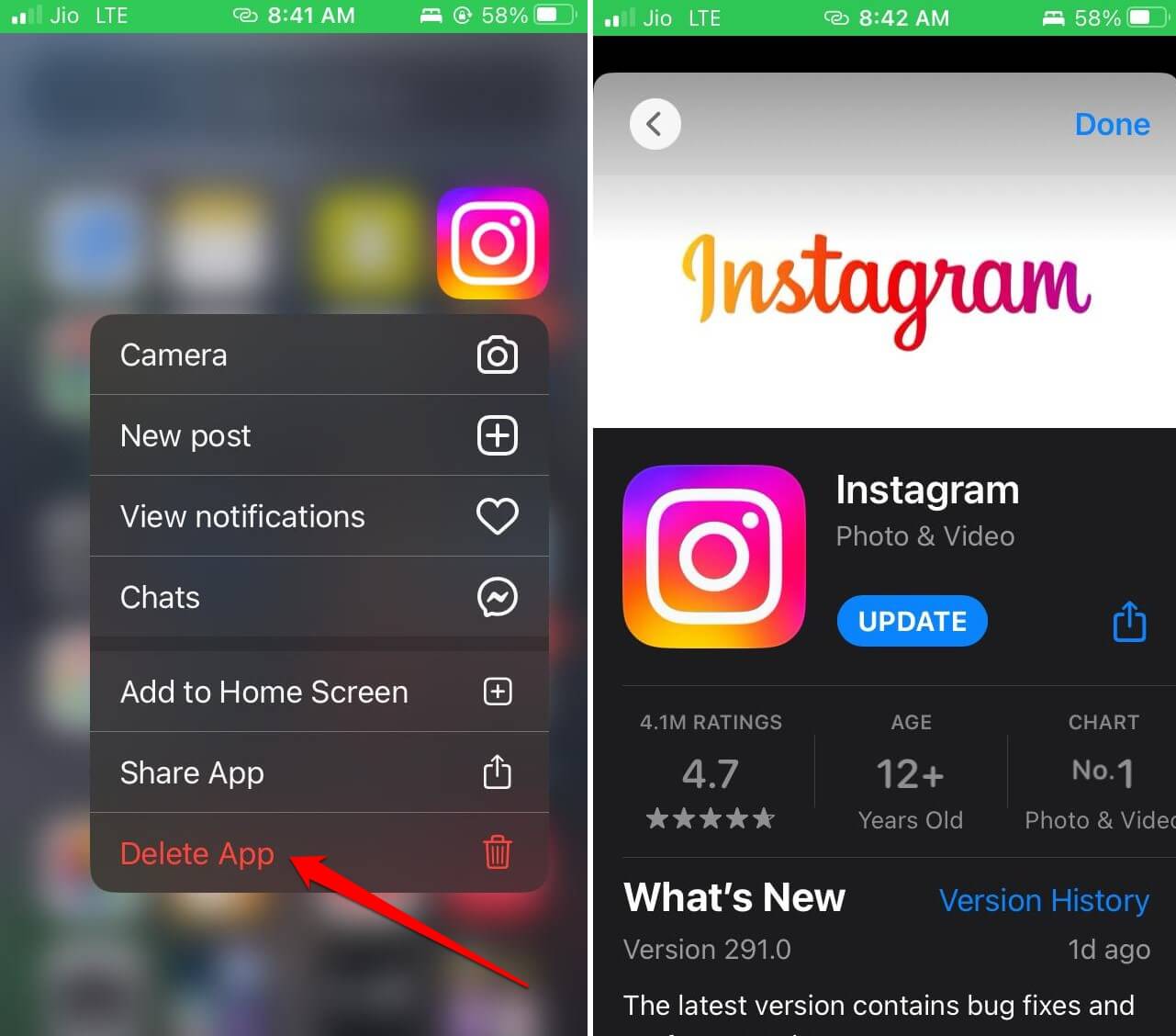 uninstall Instagram on iPhone and reinstall